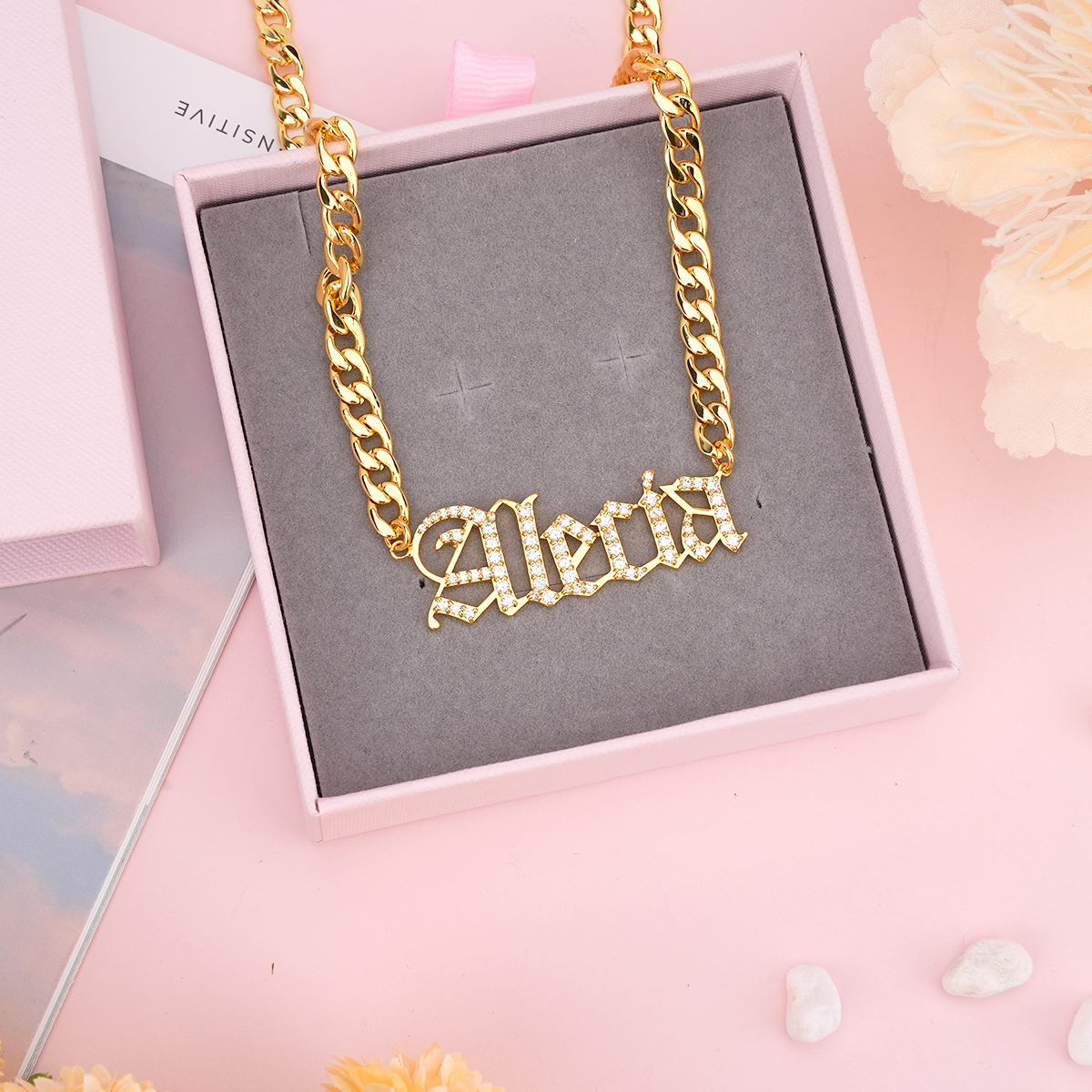 Curb Chain Old English Font Custom Personalized Zircon Name Necklace