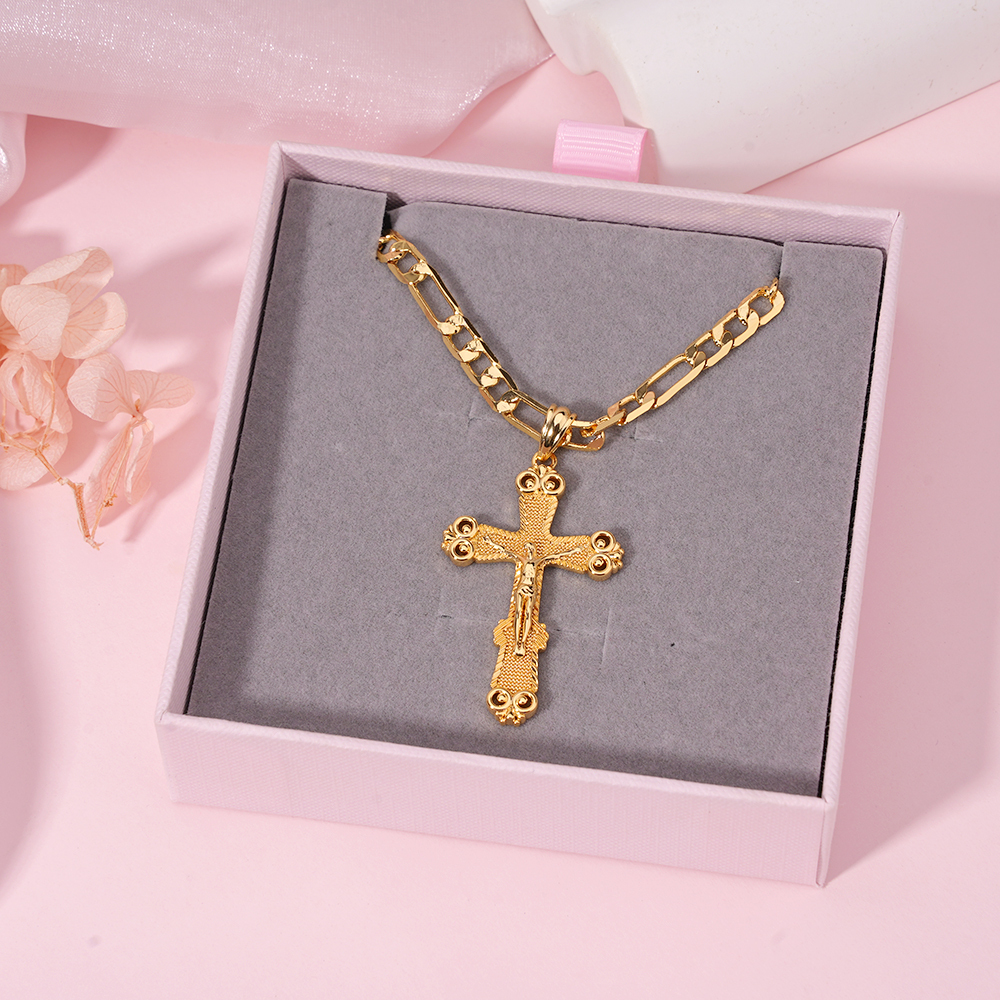 Crucifix Cross Jesus Pendant Necklace Gold Plated Figaro Chain