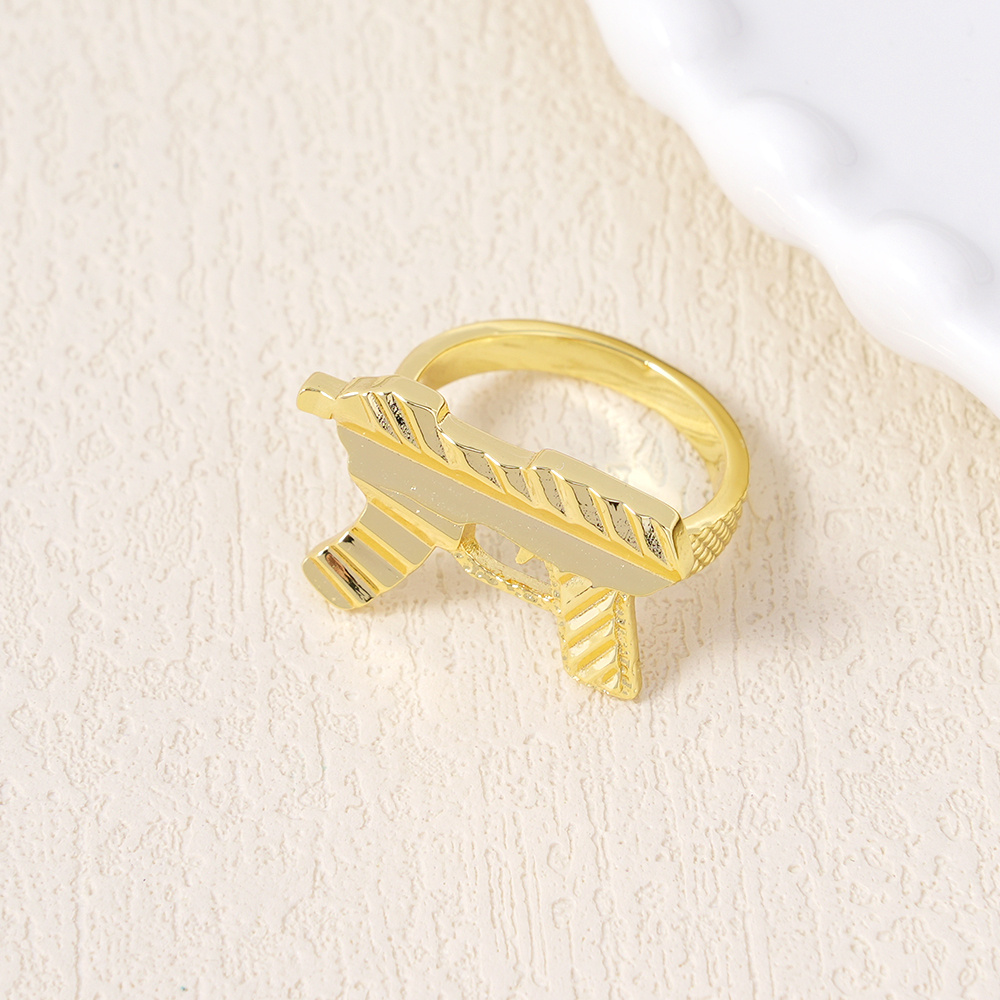 Gold Plated Diamond Cut UZI Gun Ring Personalized Engraved Ring 