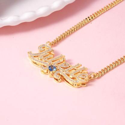 Double Layer Zircon With Birthstone Nameplated Pendant Personalized Name Necklace