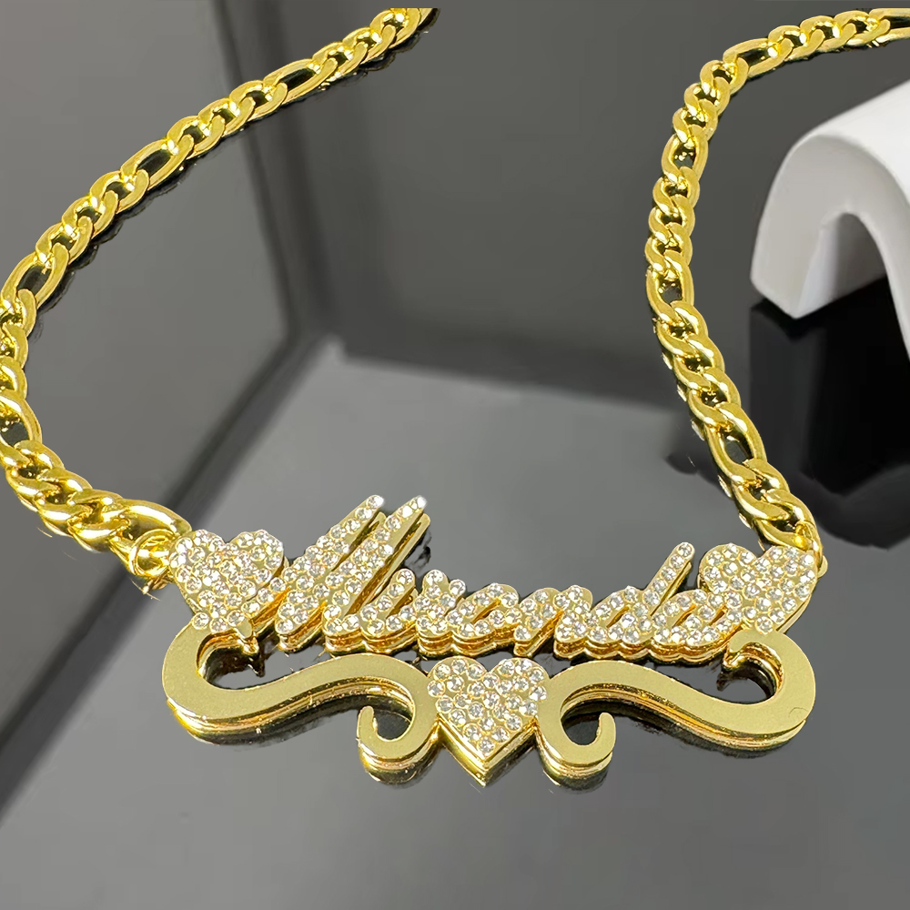 Bling Zircon Necklace Personalized Double Layer Name Necklace with Three Hearts