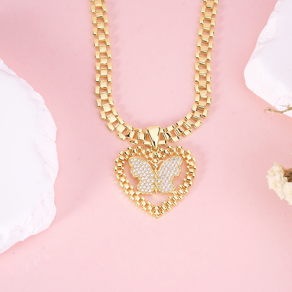 Heart Pendant With Butterfly Rx Watch Band Chain Necklace