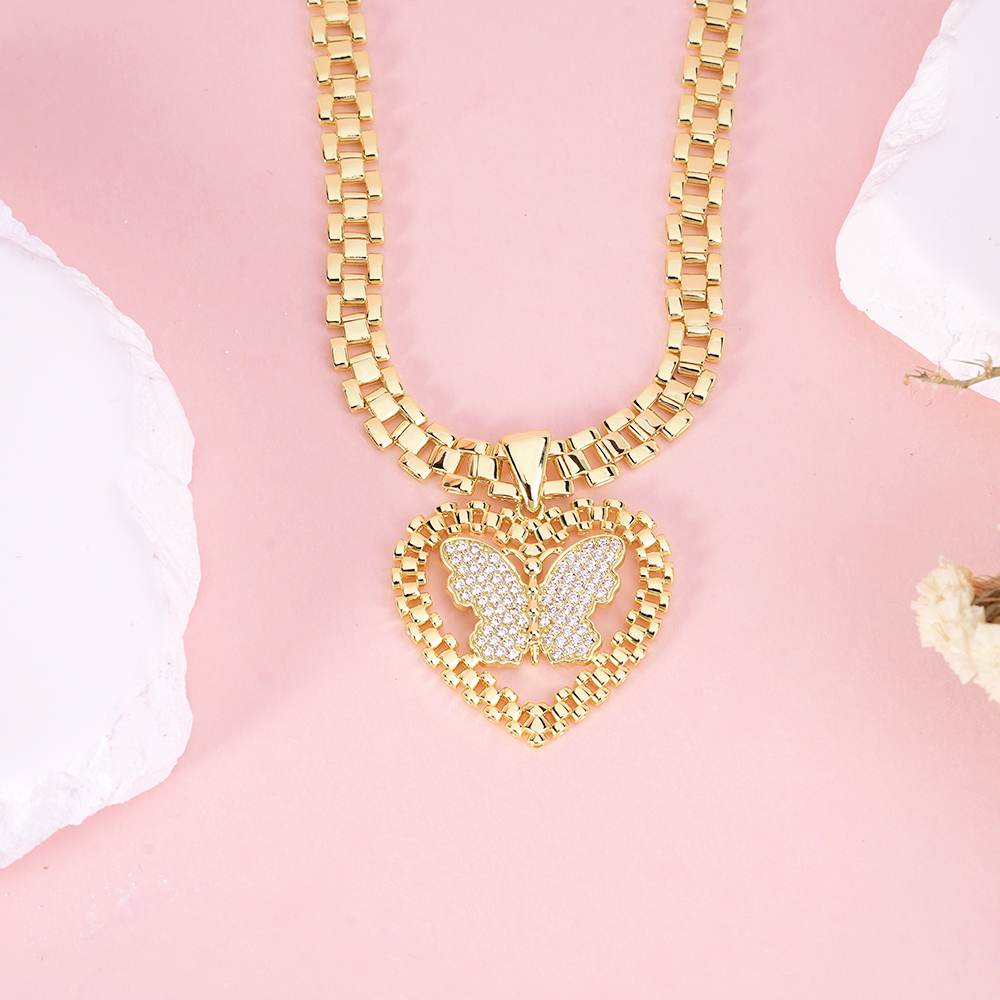 Heart Pendant With Butterfly Rx Watch Band Chain Necklace