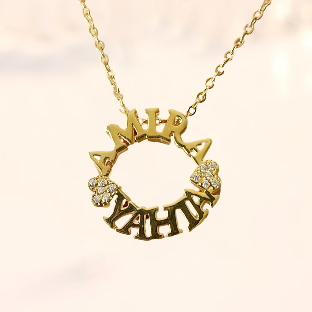 Double Plated Heart Zircon Two Name Necklaces Couples Gifts