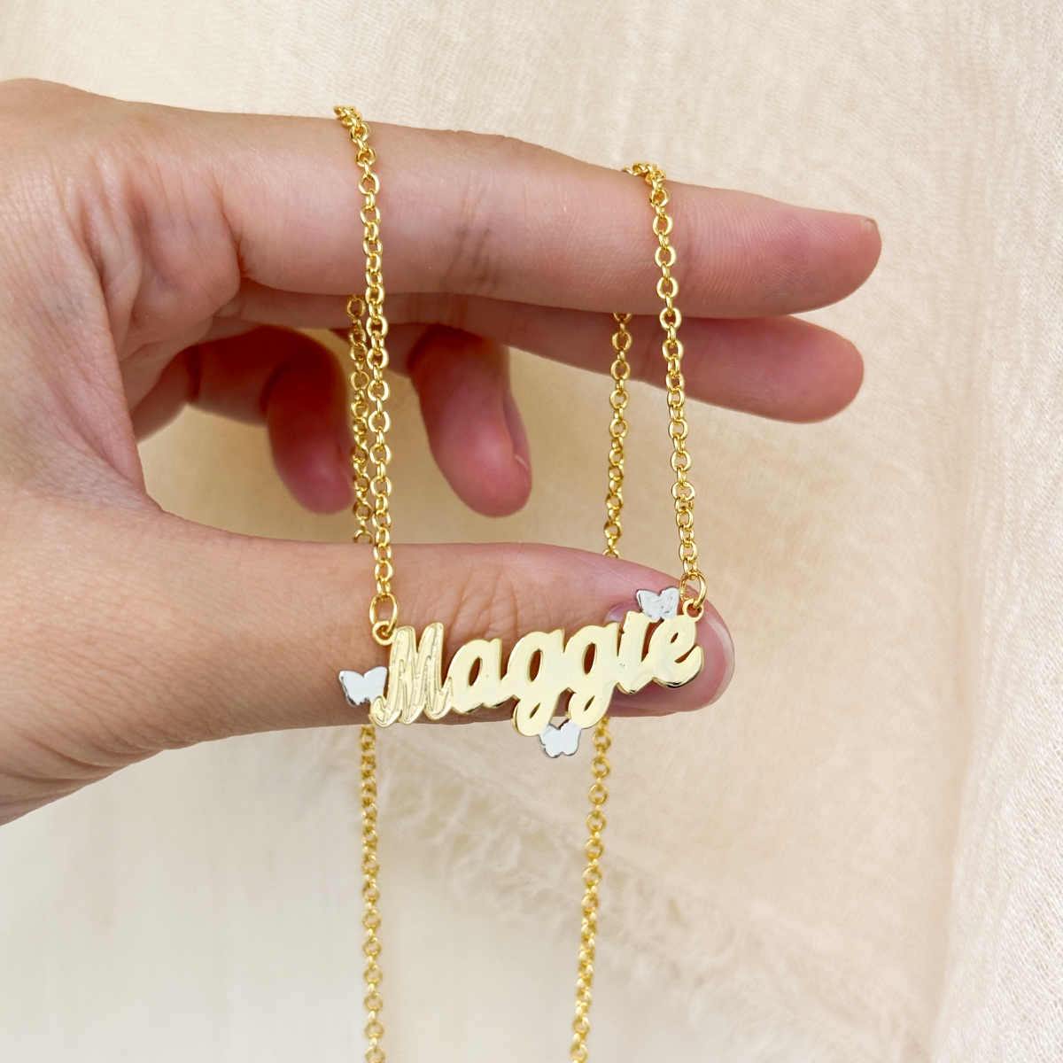 Personalized Two Tone Butterfly Nameplate Necklace