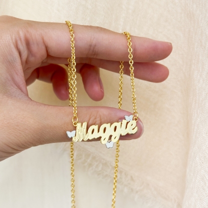 Personalized Two Tone Butterfly Nameplate Necklace