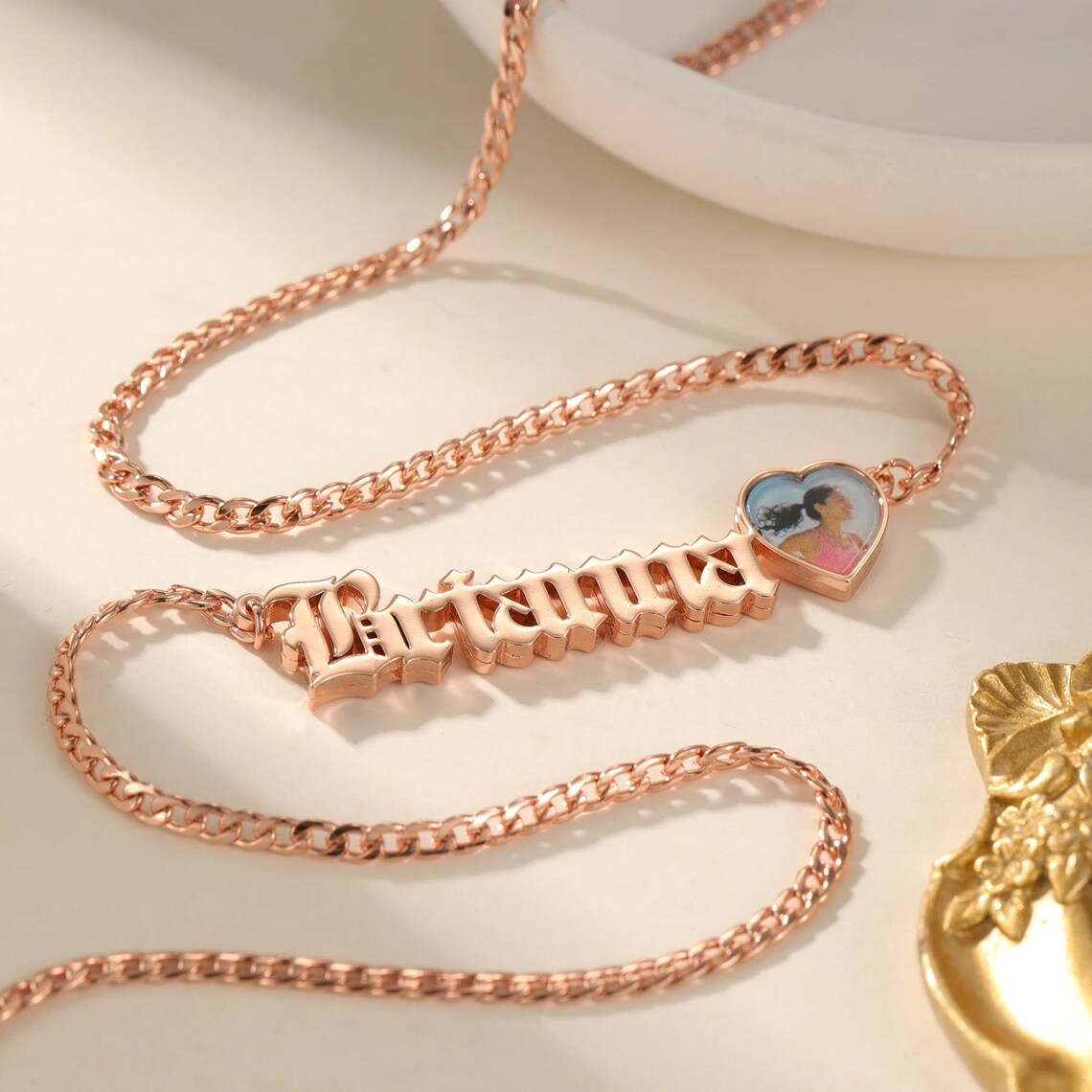 Custom Old English Font Nameplate with Heart Photo Necklace