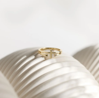 Personalized Two Birthstones Cross Ring Gold Plated
