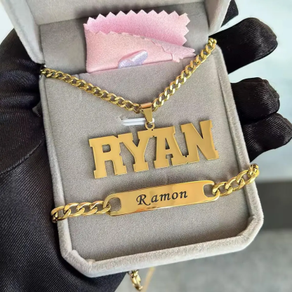 Customized Nameplate Pendant Necklace and Engraved ID Bracelet Set