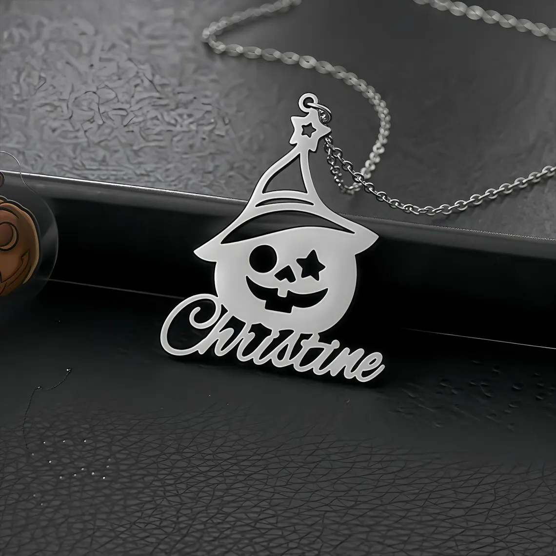 Personalized Halloween Gold Pumpkin Charm Name Necklace