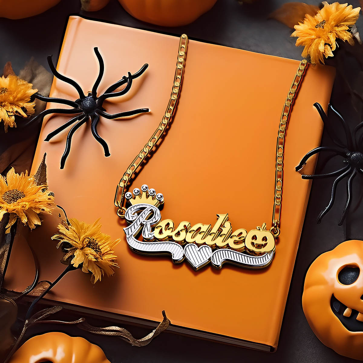 PumpkinNameplate Cuban Chain Personalized Name Necklace Halloween GIift