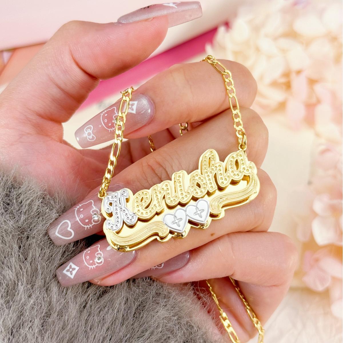 Two Tone Double Plate Custom Name Necklace with Two Hearts