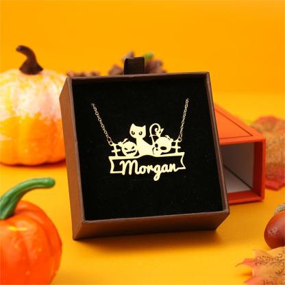 Halloween Gold Plated Personalized Custom Cat Pumpkins Name Necklace Gifts For Kids