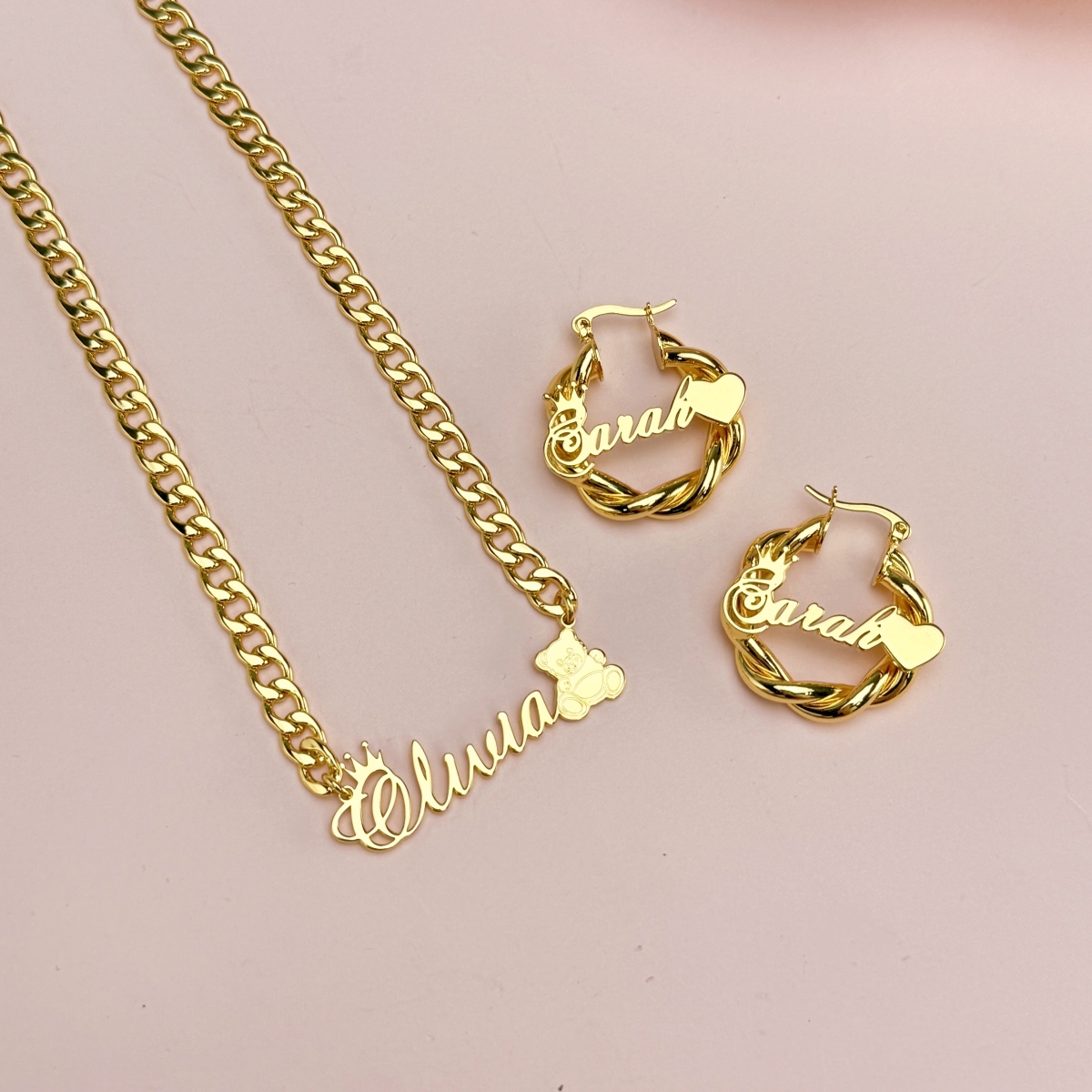Cute Teddy Bear Name Necklace and Mini Hoop Earrings Jewelry Set