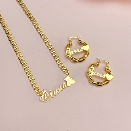 Cute Teddy Bear Name Necklace and Mini Hoop Earrings Jewelry Set