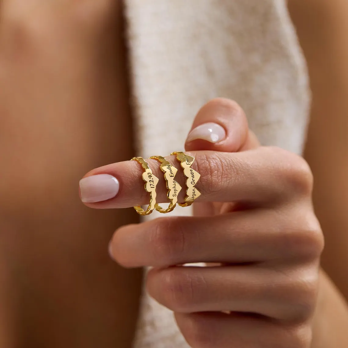 1-3 Heart Engraved Dainty Family Ring Gold Plated