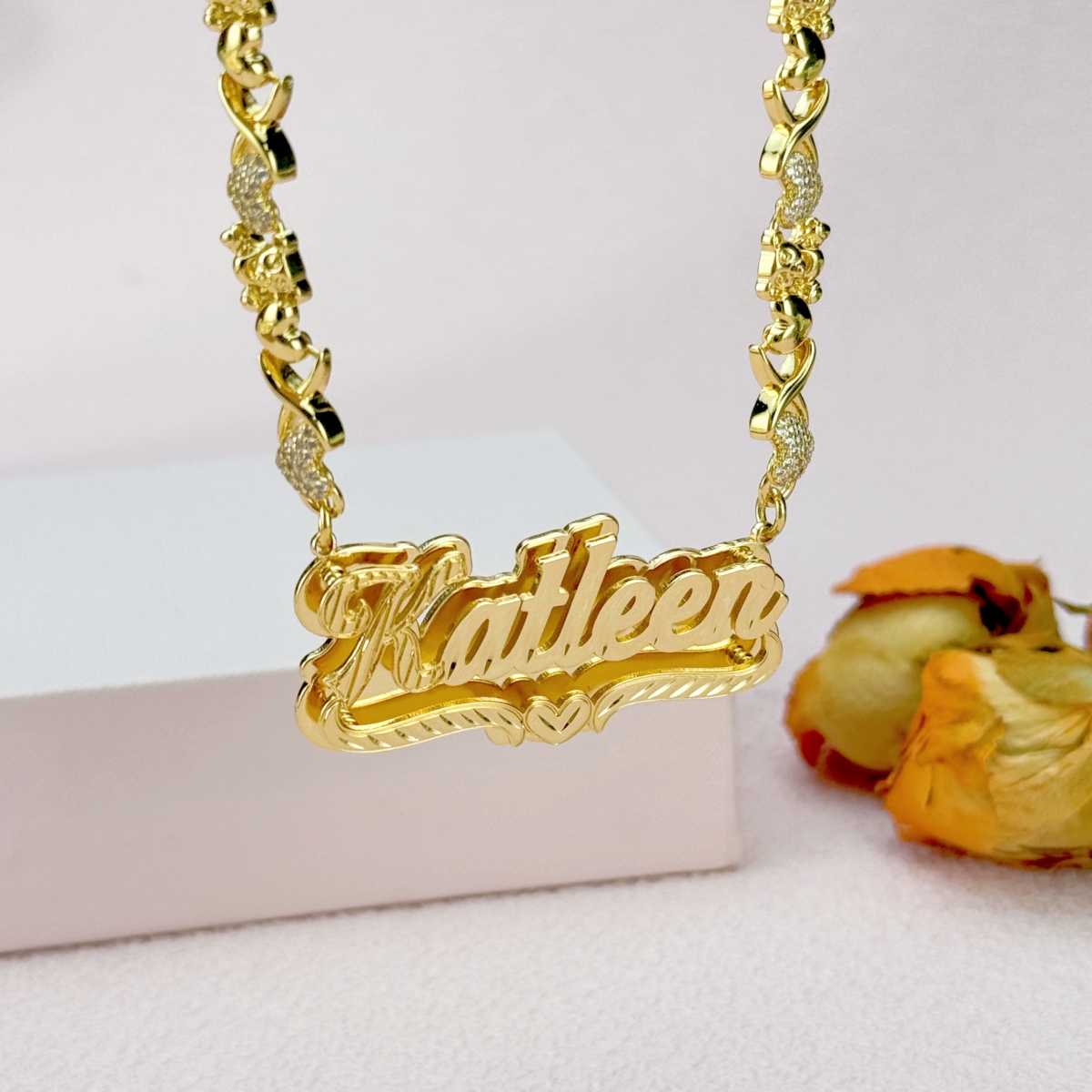 Teddy XOXO Chain Custom Double Layer Heart Nameplate Necklace