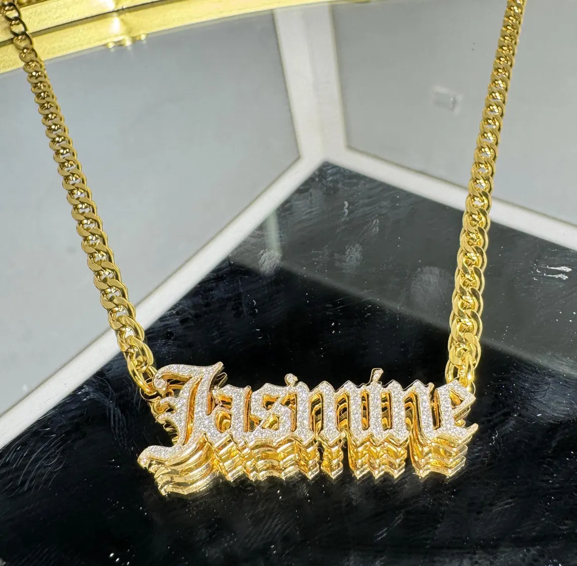 Personalized Bling Double Plate Old English Font NNecklace Shiny Name