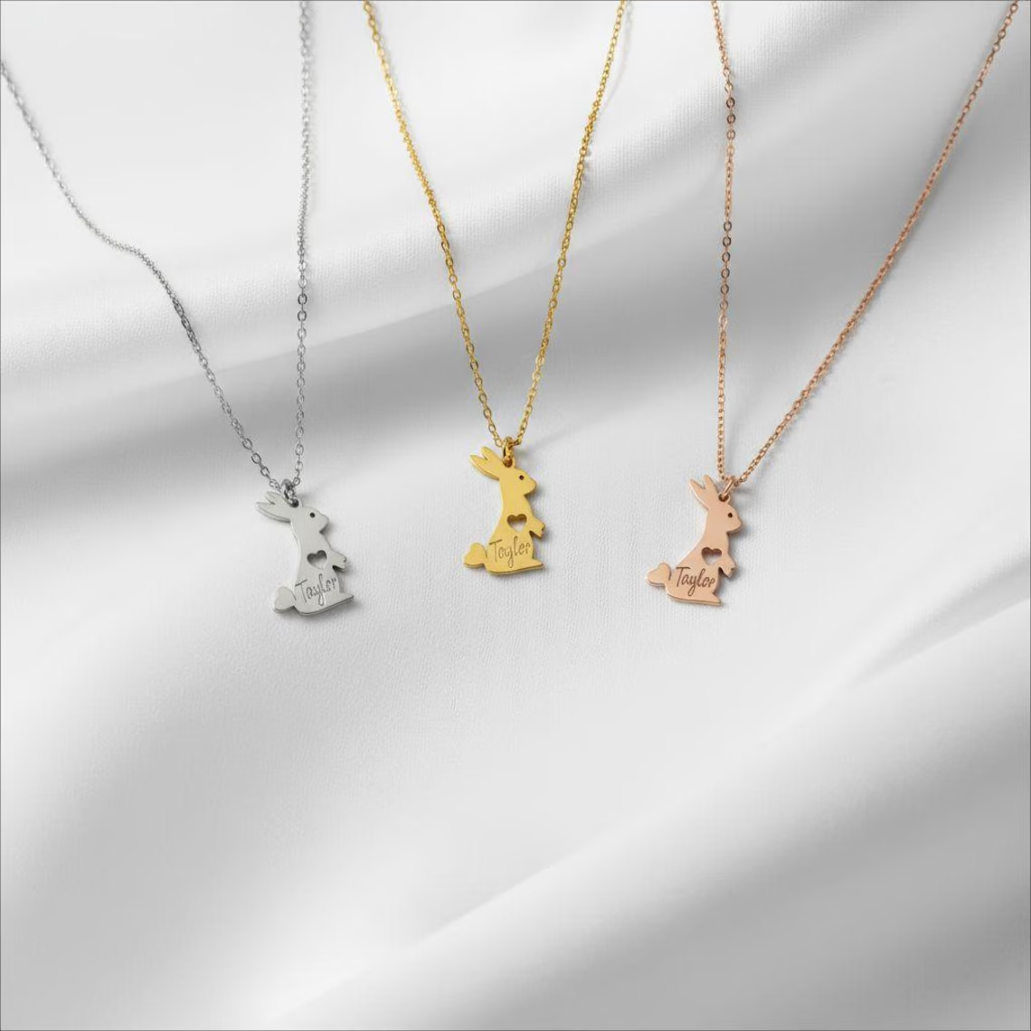 Bunny Rabbit Personalized Heart Engraved Name Necklace Easter Gift