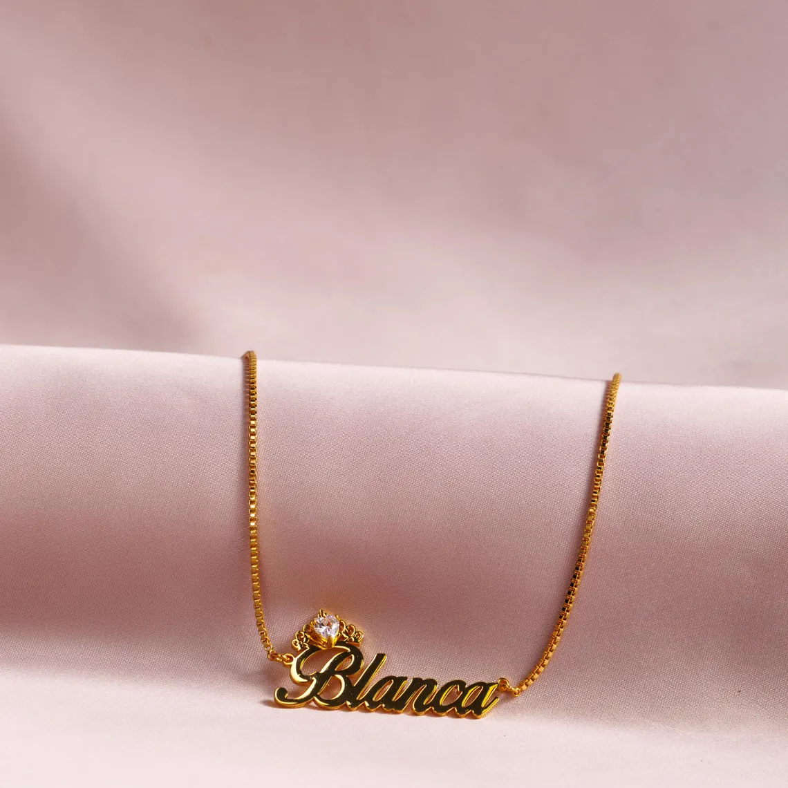 Gold Plated Personalized Crown Nameplate with Heart Birthstone Necklace
