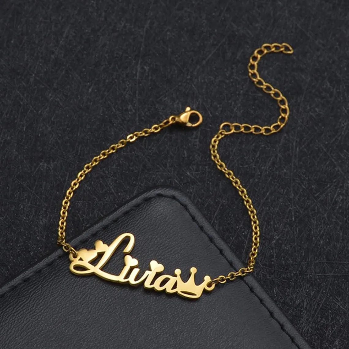 Heart Name with Crown Personalized Bracelet Gold Plated