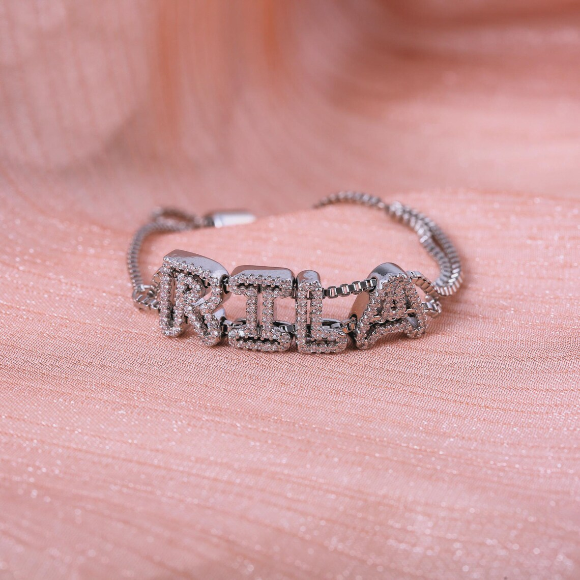 Custom Shiny Hollow Letter Diamond Cut Name Bracelet Box Chain