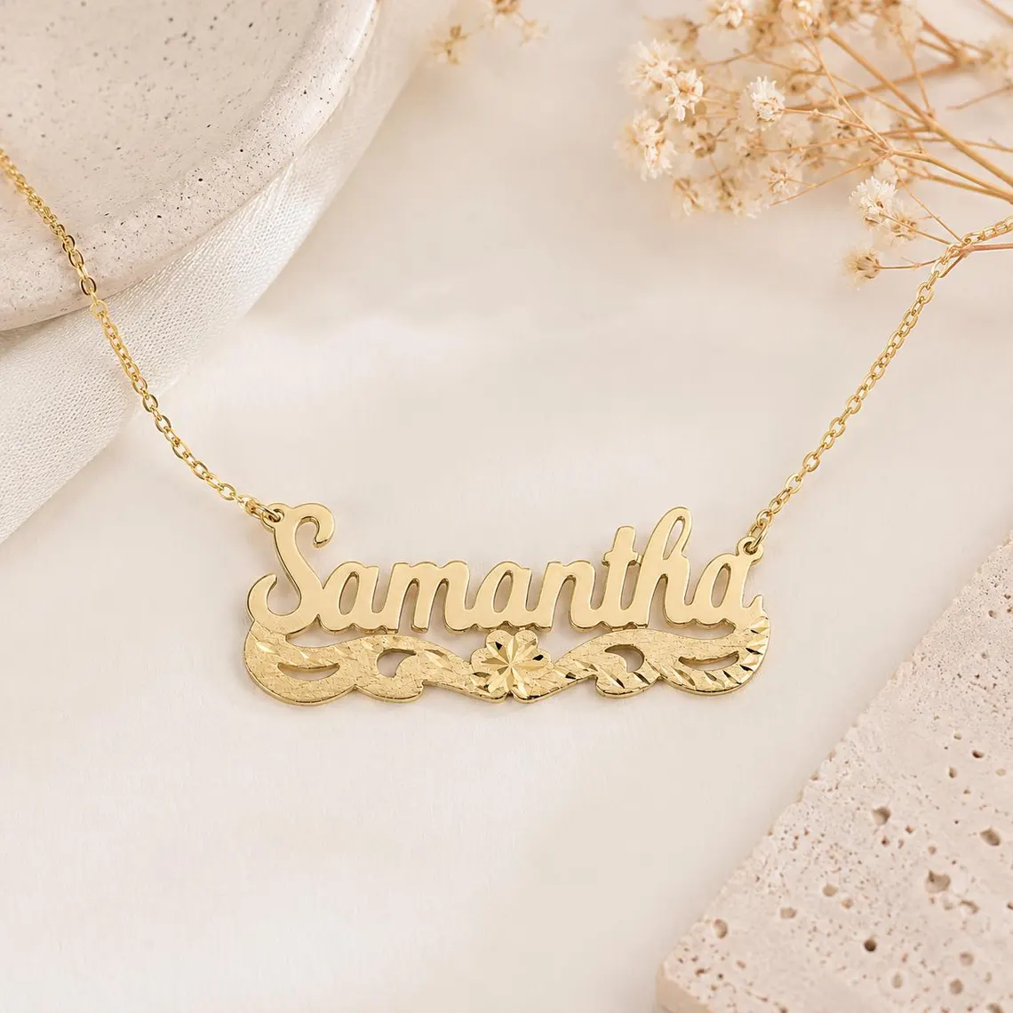 Custom Diamond Cut Flower Nameplate Necklace