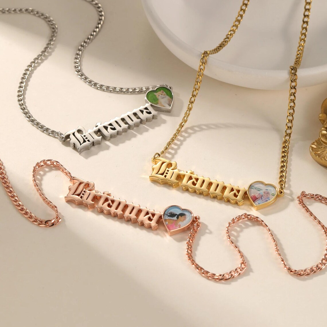 Custom Old English Font Nameplate with Heart Photo Necklace