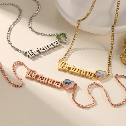 Custom Old English Font Nameplate with Heart Photo Necklace