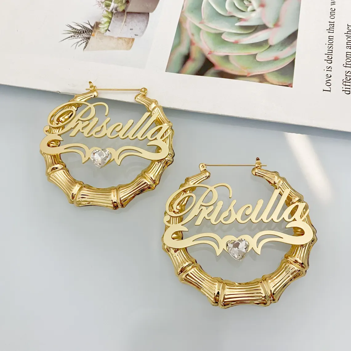 Heart Nameplate with Birthstone Custom Bamboo Earrings