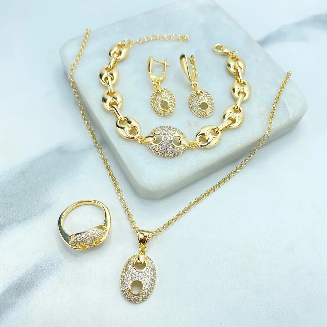 Zirconia Puffed Mariner Anchor Chain Gold Plated Jewelry Set 4pcs