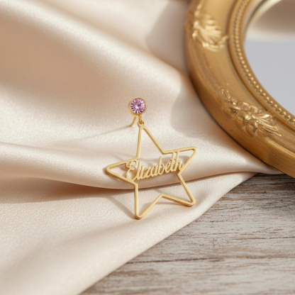 Personalized Birthstone Stud Star Shape Hoop Name Earrings