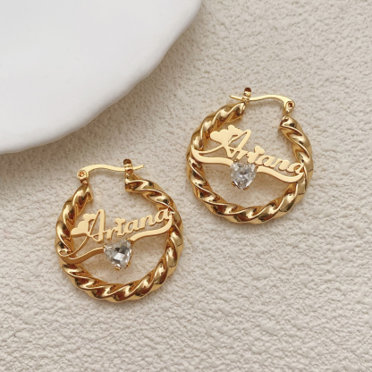 Custom Twist Hoop Heart Birthstone Nameplate Earrings