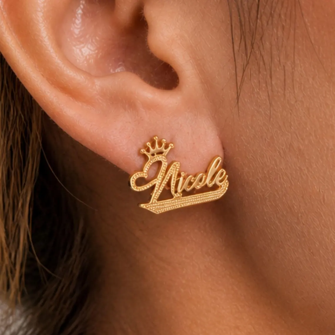 Custom Crown Heart Name Earrings Studs Diamond Cut