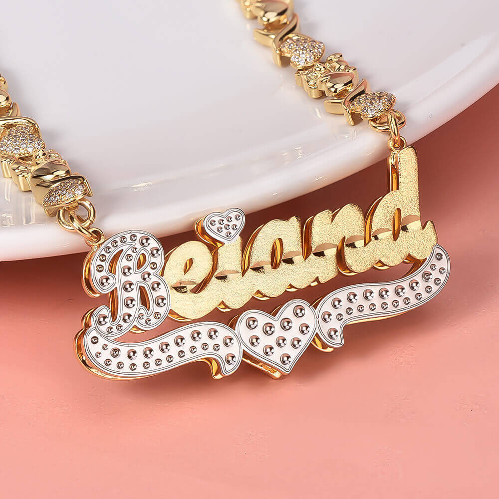 Teddy Heart XOXO Chain Double Layer Two Tone with Heart Personalized Custom Gold Plated Name Necklace