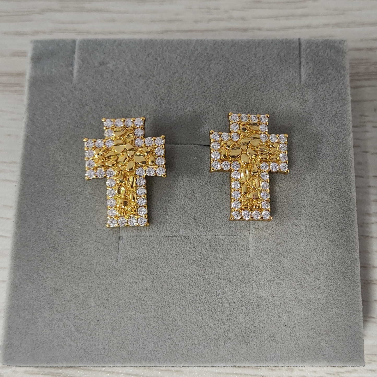 Gold Plated Nugget CZ Cross Earrings