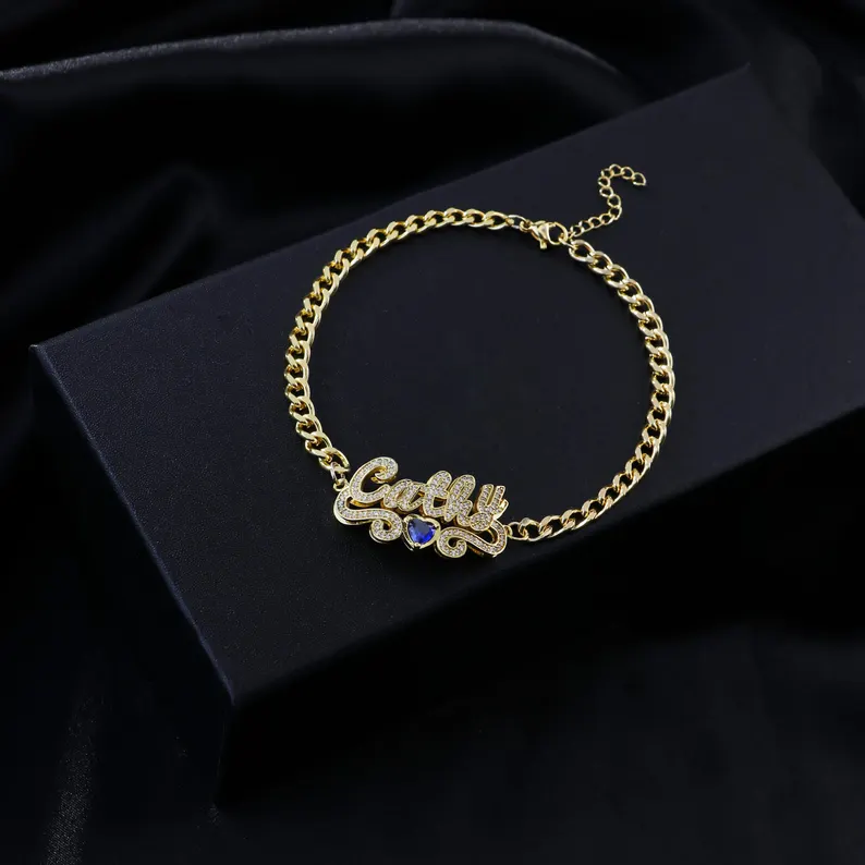 Shiny Personalized CZ Name Bracelet Gold Plated Heart Birthstone Bracelet