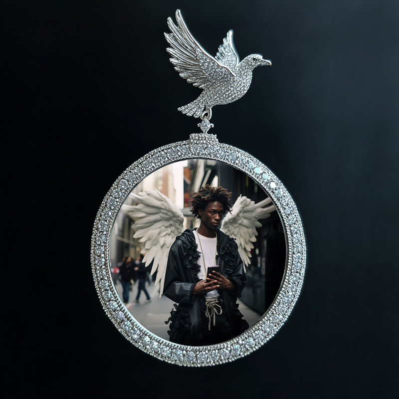 Iced Out Zircon Peace Dove Photo Pendant Personalized Custom Photo Necklace 