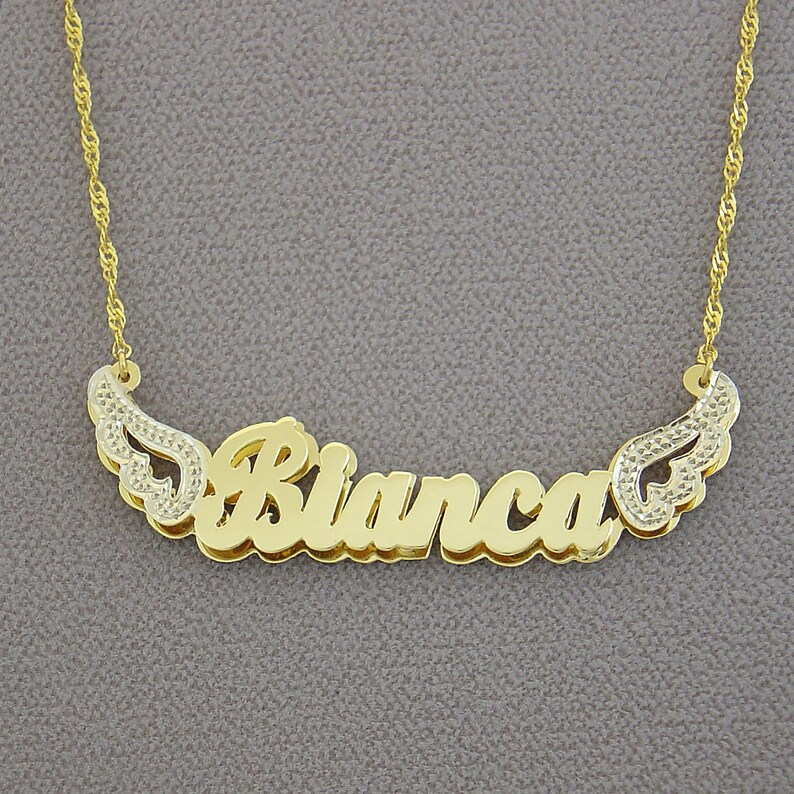 Angel Wing Nameplate Pendant Doule Layer Two Tone Personalized Custom Name Necklace