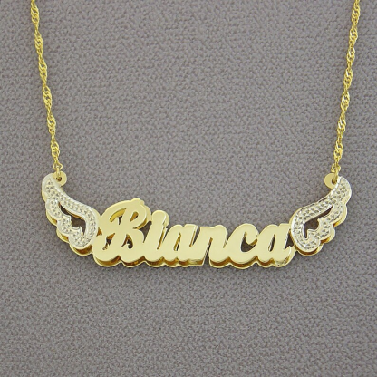 Angel Wing Nameplate Pendant Doule Layer Two Tone Personalized Custom Name Necklace