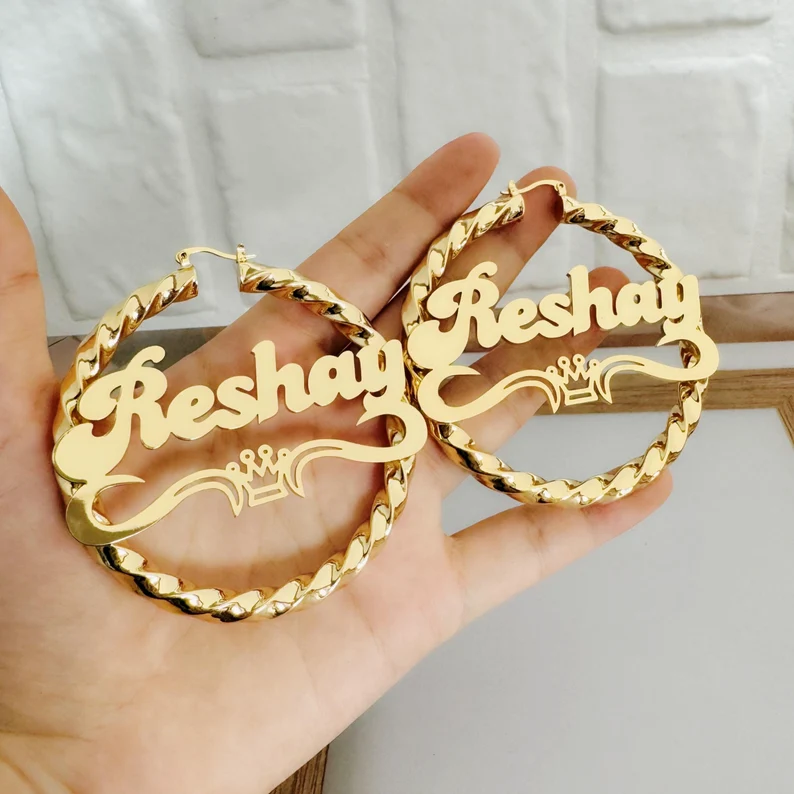 Personalized Custom Twist Hoop Name Earrings with Crown