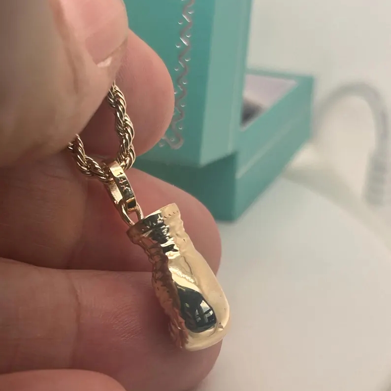 Gold Plated Boxing Glove Pendant Necklace with Rope Chain Sports Jewelry