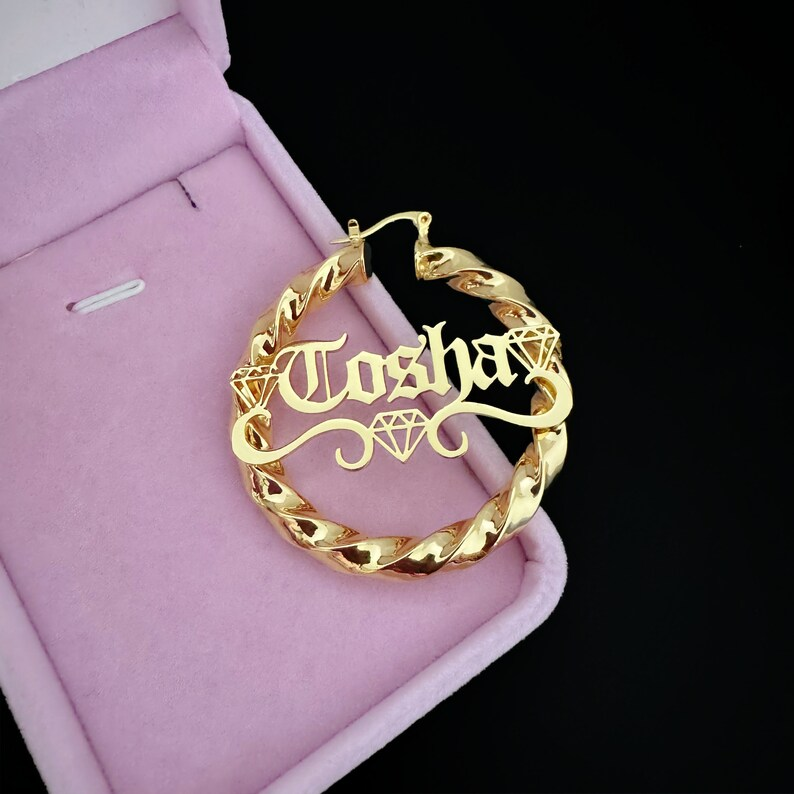 Diamond Shape Custom Name Twist Hoop Earrings Gold Plated Earrings