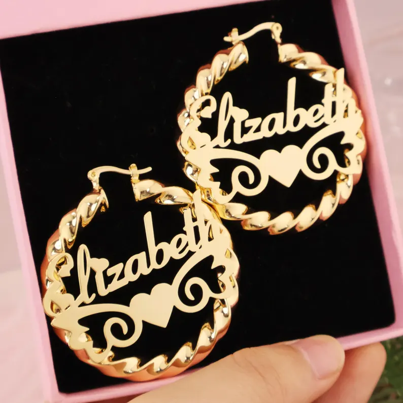 Personalized Custom Name Twist Hoop Earrings with Wings
