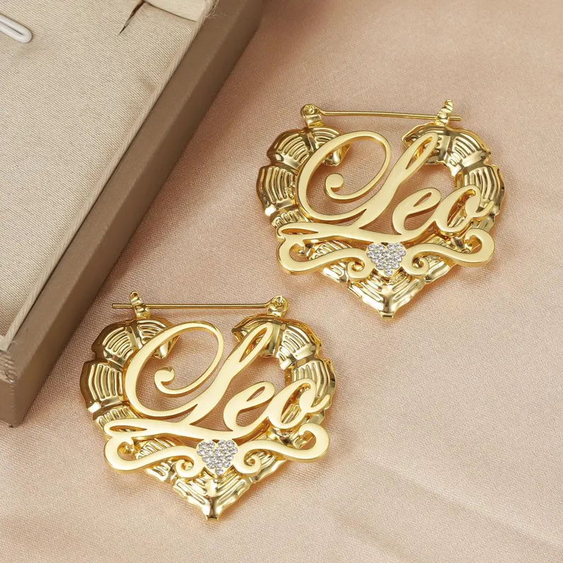 Shiny Heart Bamboo Gold Plated Personalized Custom Name Bamboo Earrings