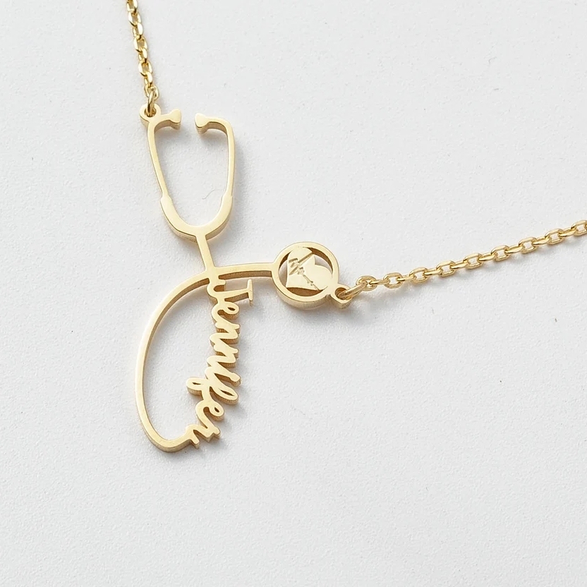 Gold Plated Personalized Custom Name Stethoscope Necklace with Birthstone