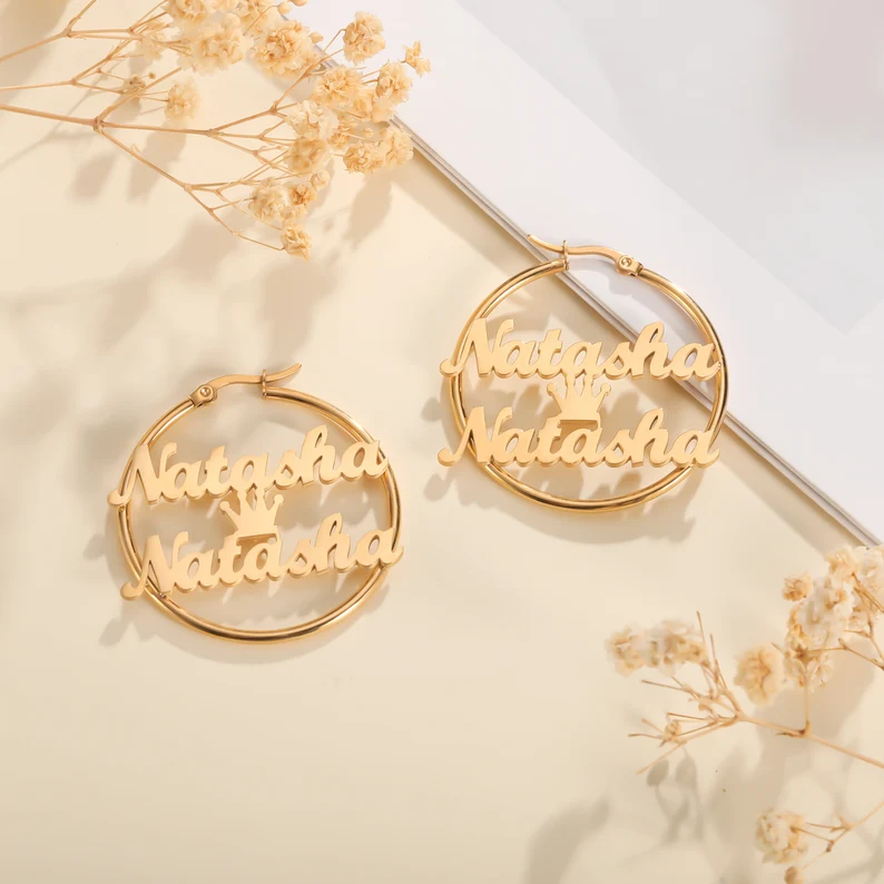 Crown Two Names Bamboo Earrings Gold Plated Personalizd Custom Name Earrings