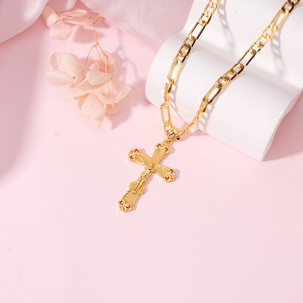 Crucifix Cross Jesus Pendant Necklace Gold Plated Figaro Chain