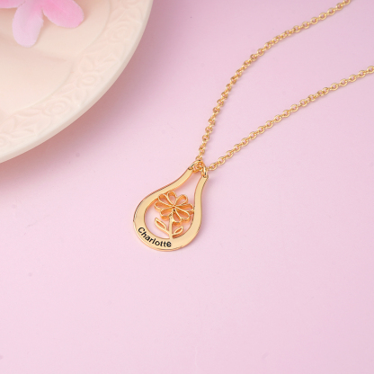 Personalized Birth Flower Gold Plated Engraved Name Ring Holder Necklace