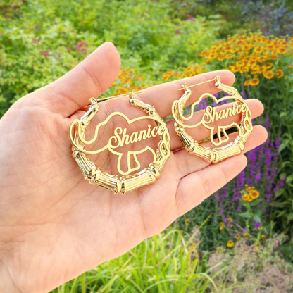Bamboo Elephant Hoop Earring Custom Name Earrings